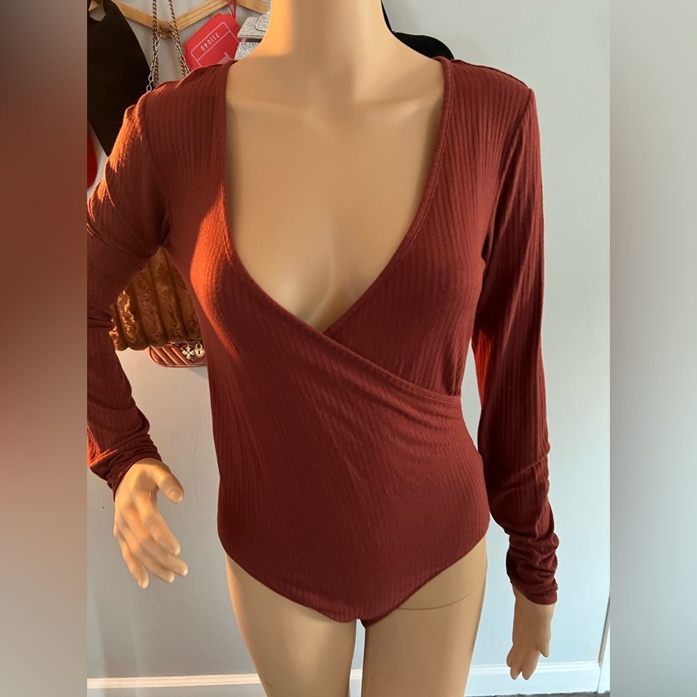 Cape Juby Brown Wrap Bodysuit with Fitted Sleeves